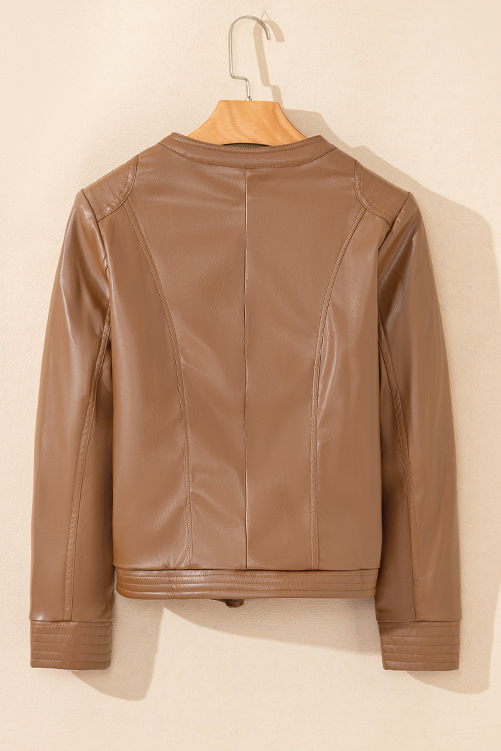 Solid Faux Leather Zipper Slim Fit Bomber Jacket