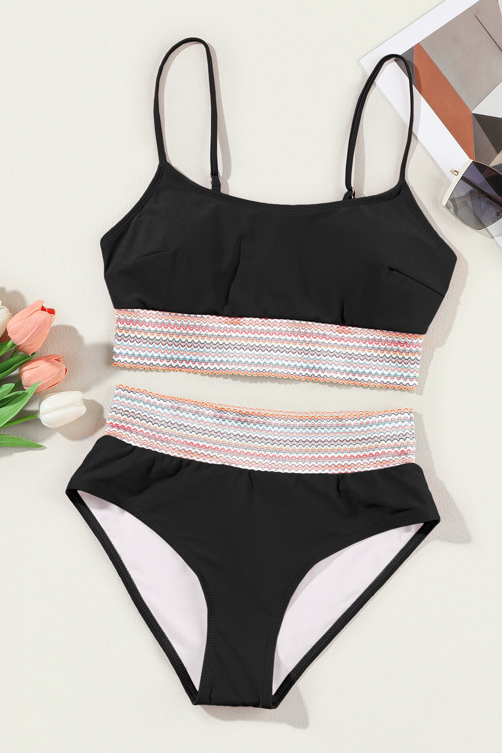 Striped Patchwork Spaghetti Strap High Waist Bikini Swimsuit