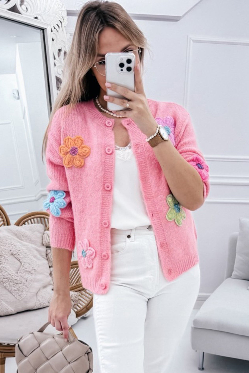 Cute Knitted Floral Pattern Button Up Cardigan