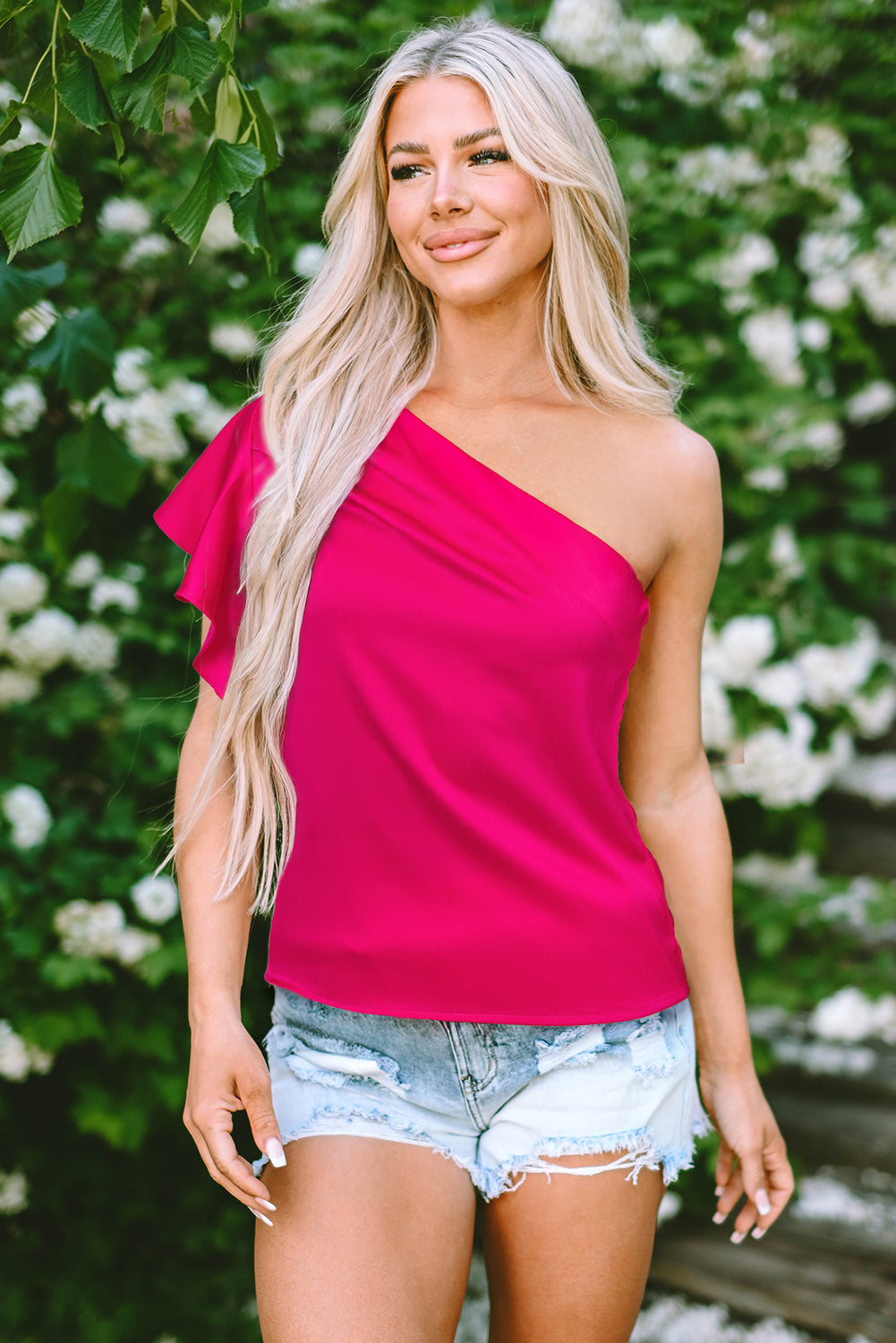 Strawberry Pink Asymmetric Shoulder Ruffle Sleeve Elegant Blouse