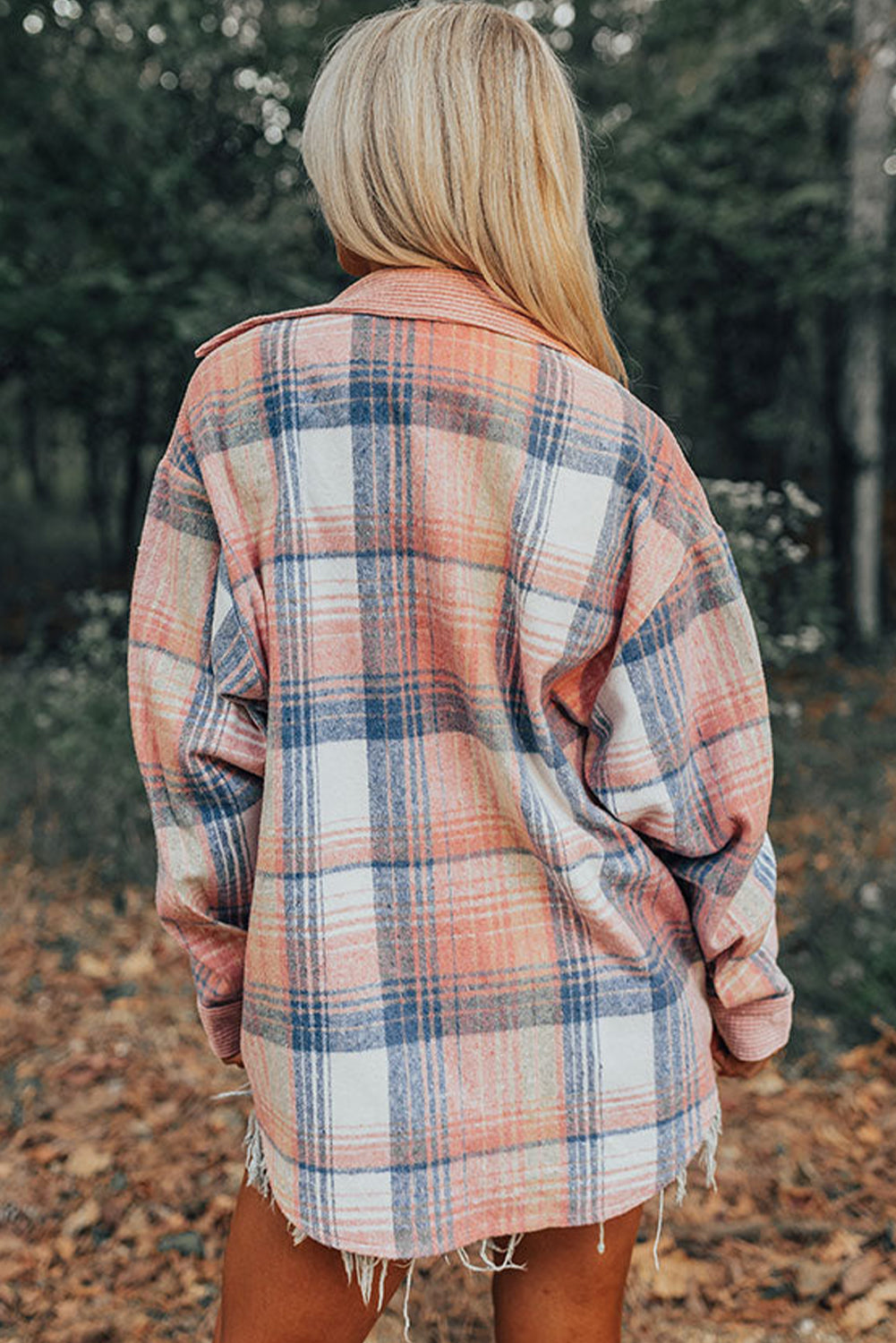 pink Plaid Corduroy Patchwork Chest Pocket Shacket