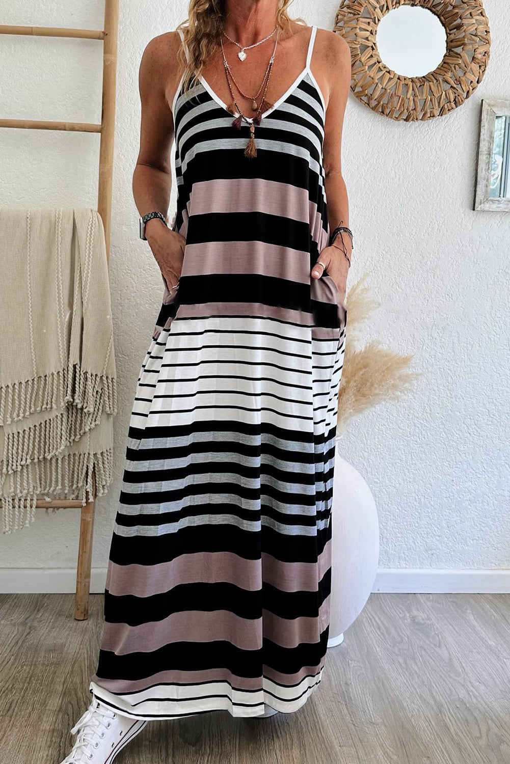 Multicolor Mixed Stripes Spaghetti Straps V Neck Maxi Dress