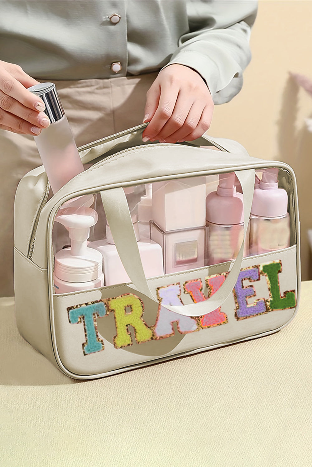 TRAVEL Chenille Letter Clear PVC Makeup Bag