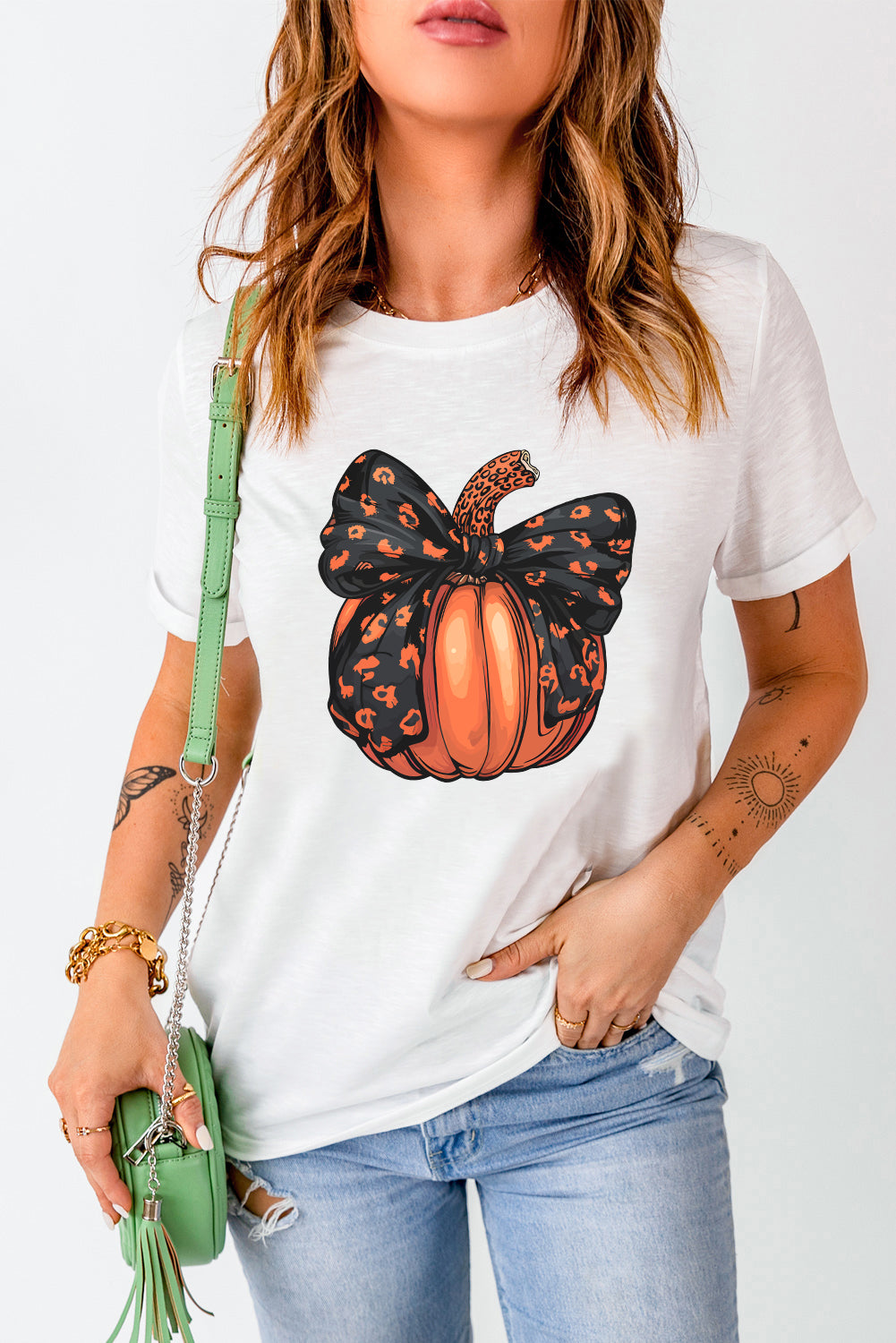 White Halloween Bowknot Pumpkin Graphic Crewneck T Shirt