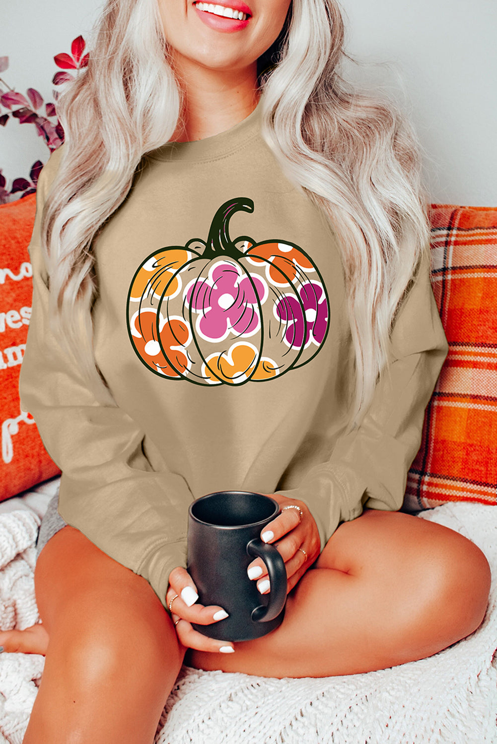 Khaki Halloween Floral Pumpkin Drop Shoulder Sweatshirt