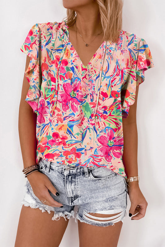 Multicolor Floral Ruffled Sleeve V Neck Blouse