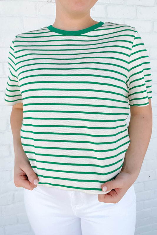 Green Stripe Round Neck T Shirt in CURVY SIZE ONLY