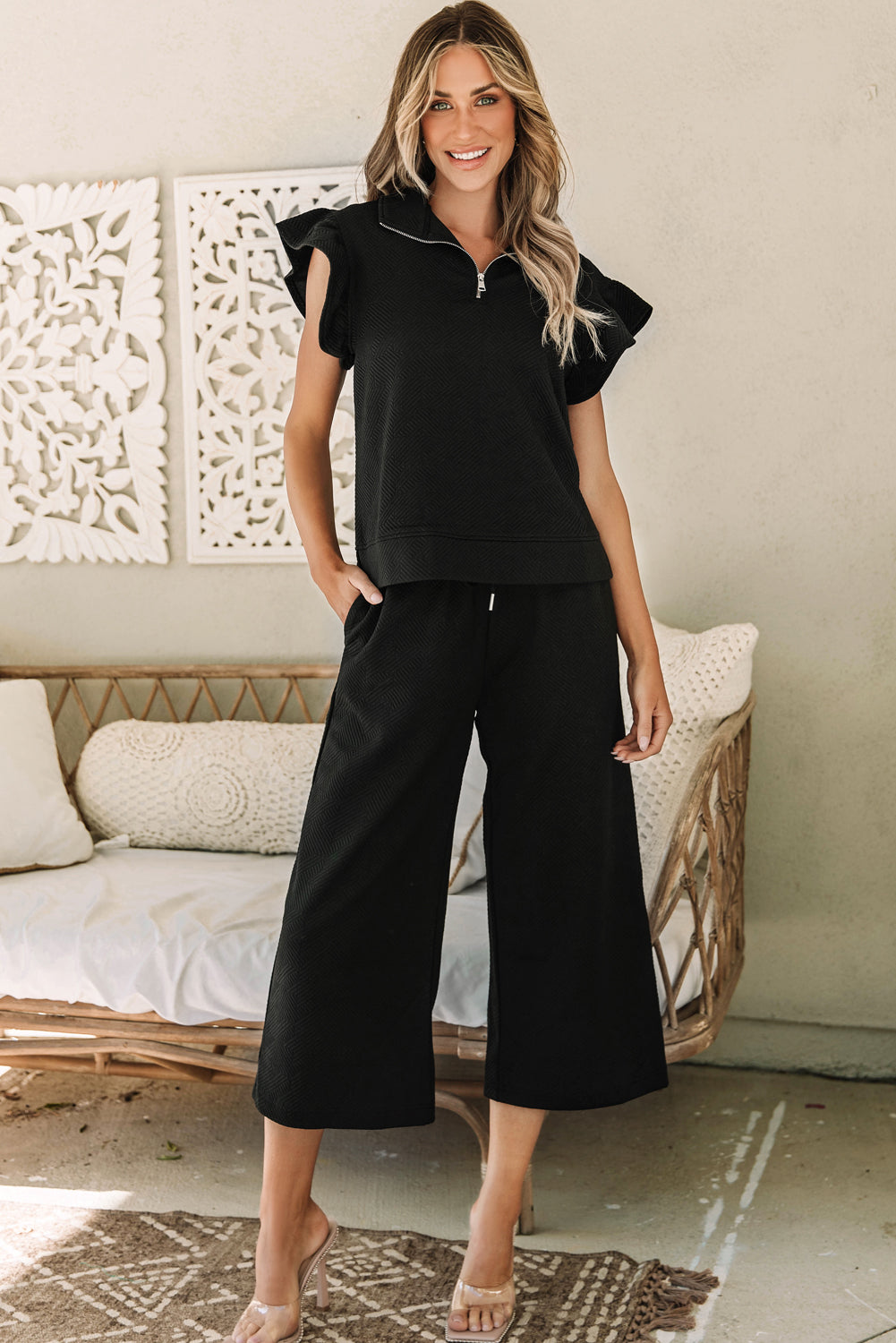 Textured Flutter Sleeve Top Wide Leg Pants Set in black