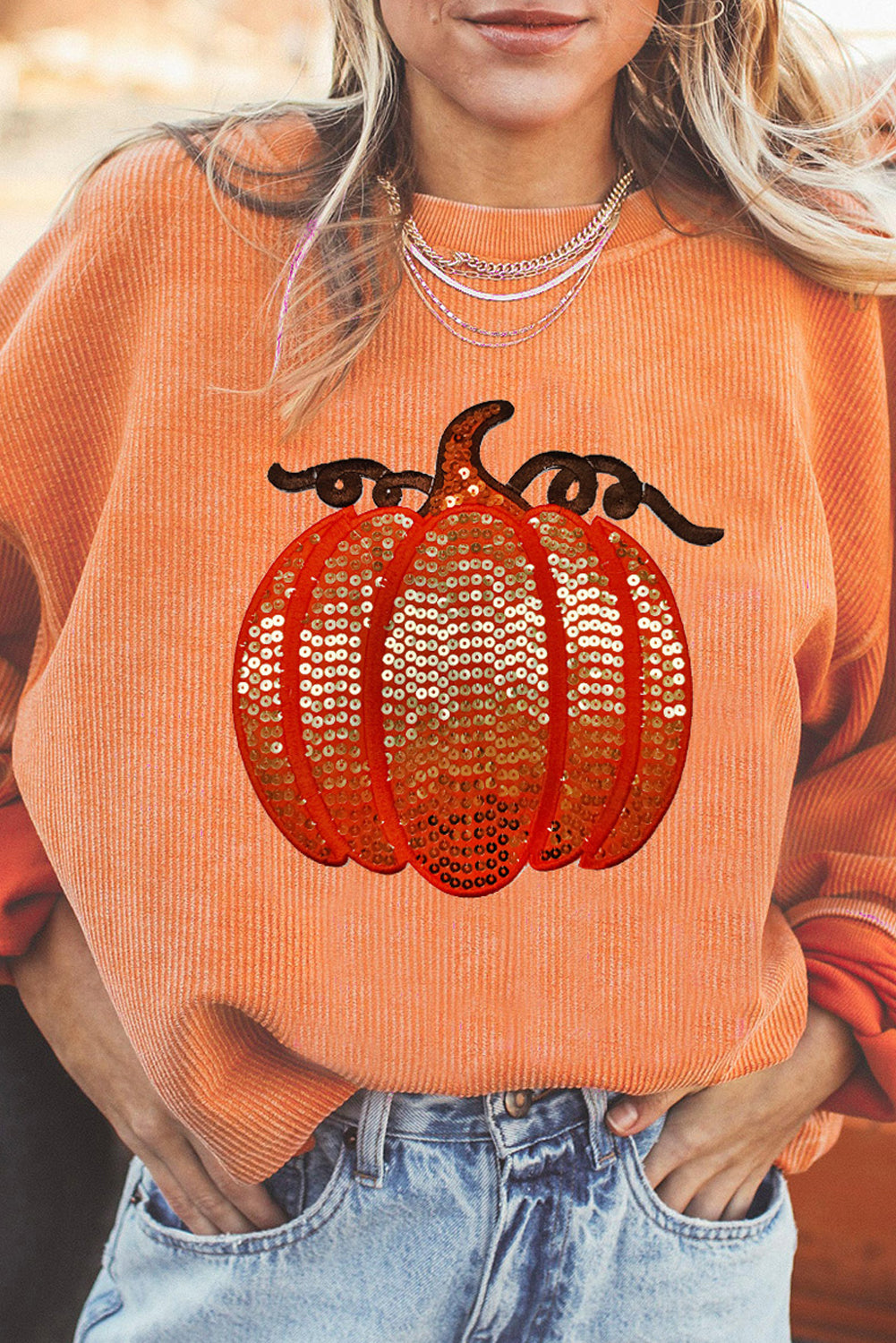 Orange Sequined Pumpkin Halloween Sweatshirt