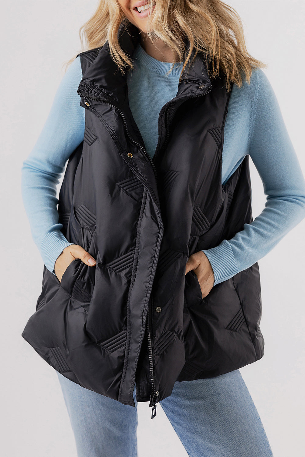 Black Quilted High Neck Zip Up Jacket Vest