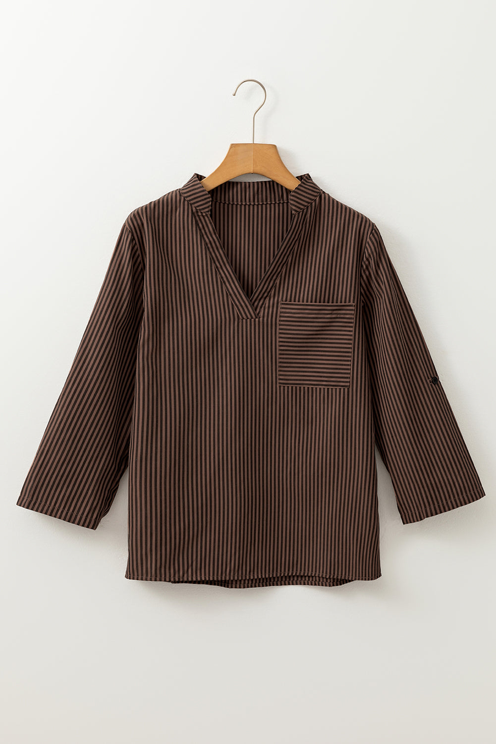 Brown Stripe V Neck Roll Up Sleeve Classic Shirt