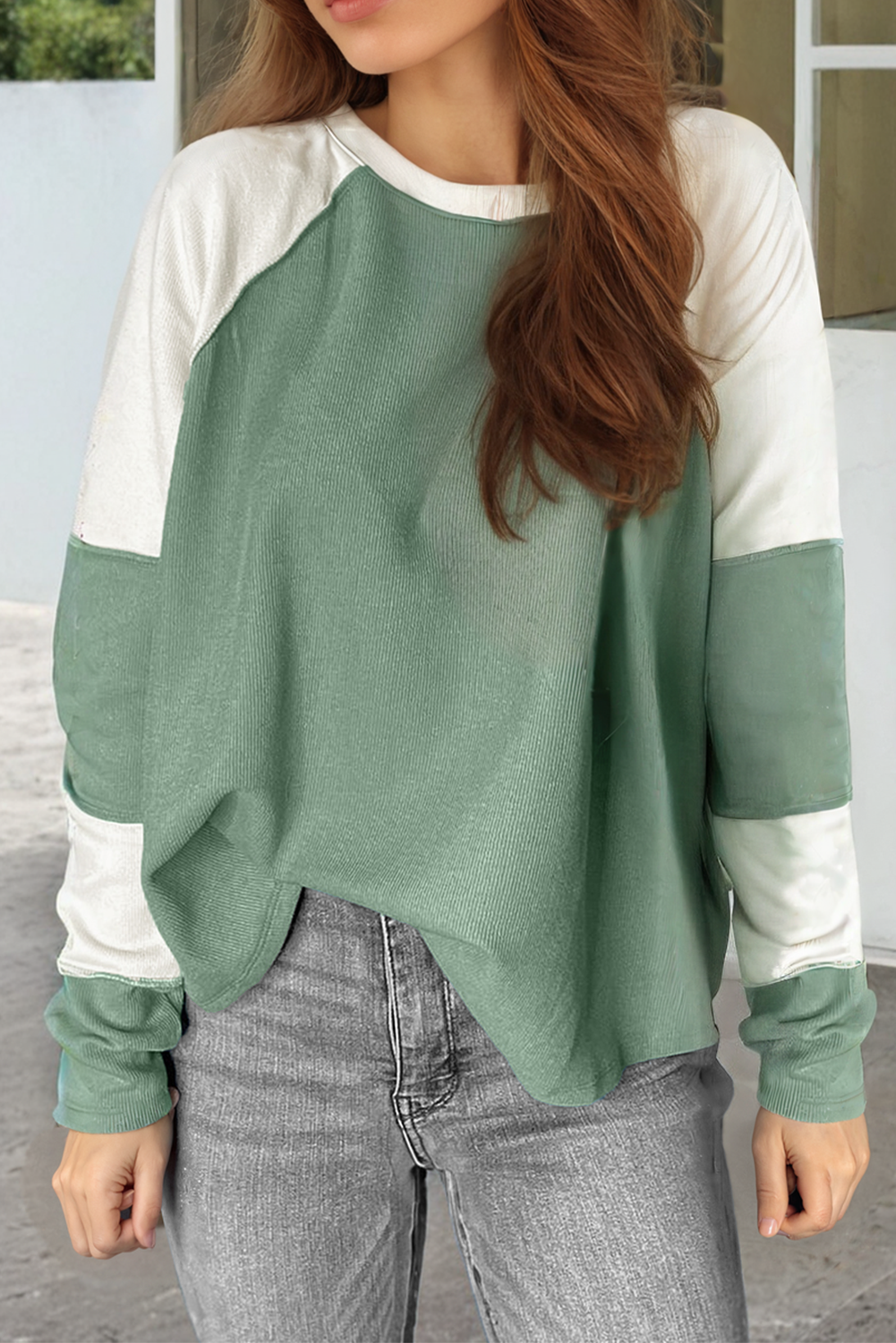 Mint Green Ribbed Color block Patchwork Raglan Long Sleeve Top