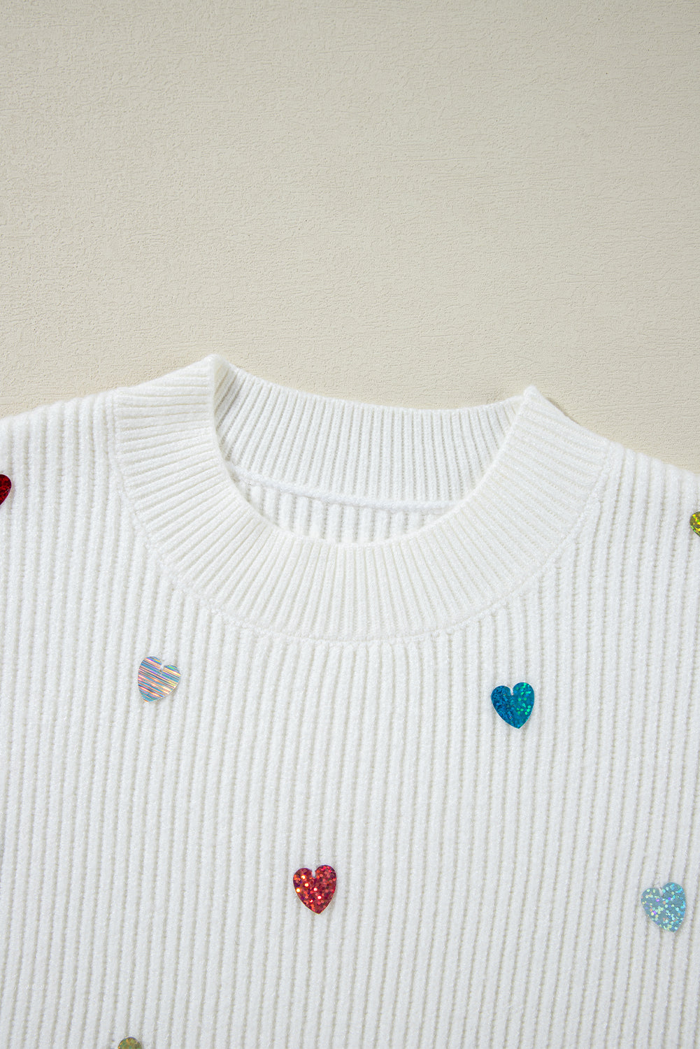 Beige Sequin Heart Shape Waffle Knit Round Neck Sweater