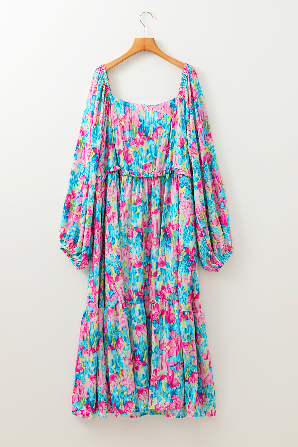 Sky Blue Floral Allover Print Shirred Maxi Dress in CURVY SIZY ONLY