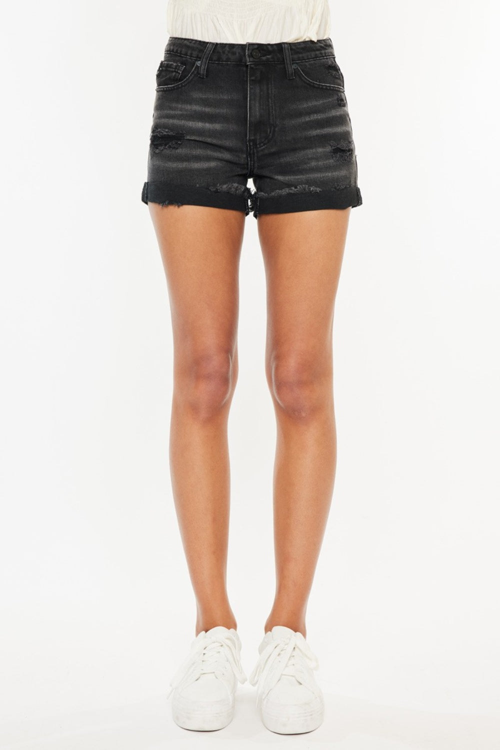 Kancan High Waist Distressed Denim Shorts in Black