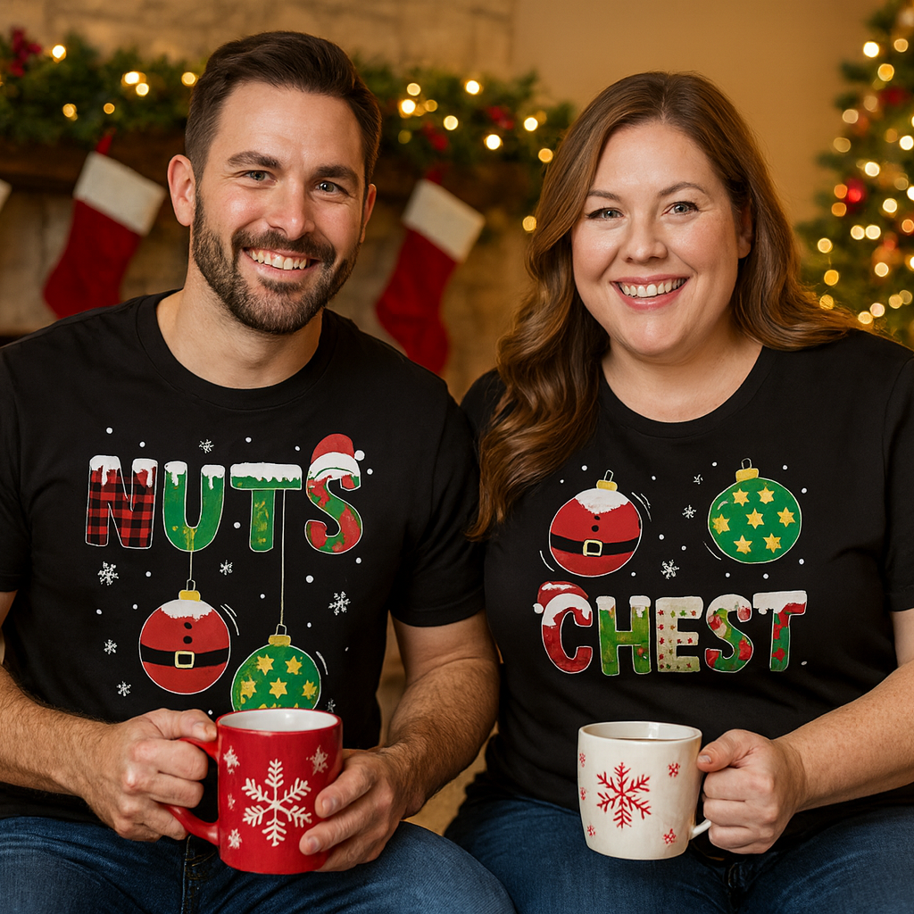 male & female sitting by fireplace with tees that say "chest" "Nuts"