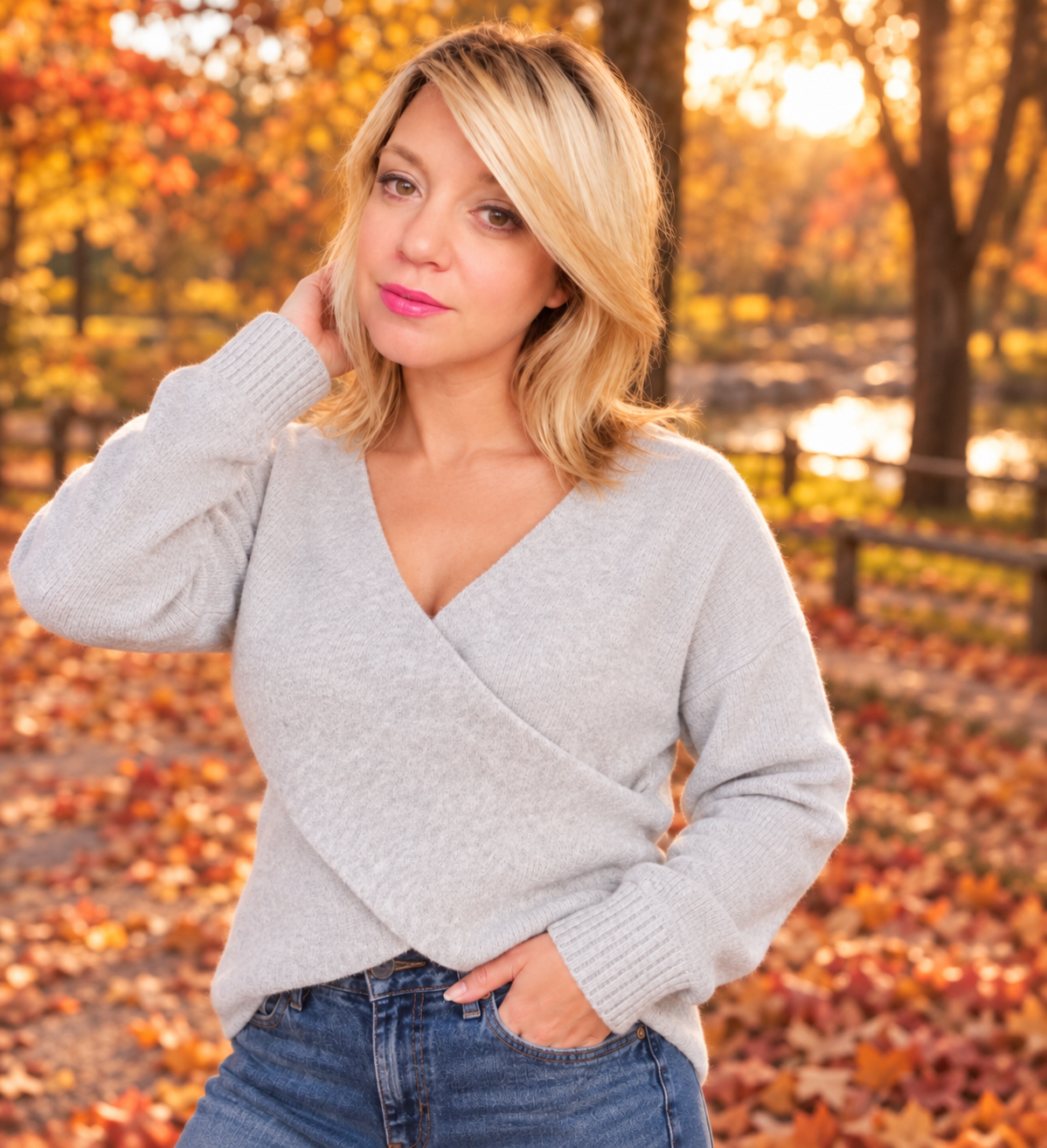 A woman wearing a light gray wrap-style knit sweater and blue jeans, standing outdoors in an autumn park with fallen leaves and trees in the background.
