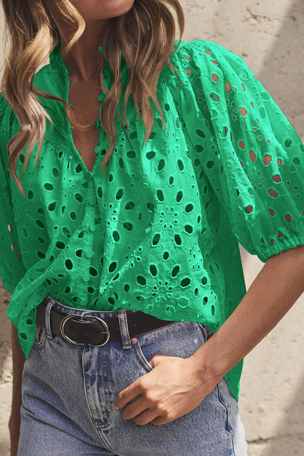 Flower Embroidered Hollow-out Puff Sleeve Blouse