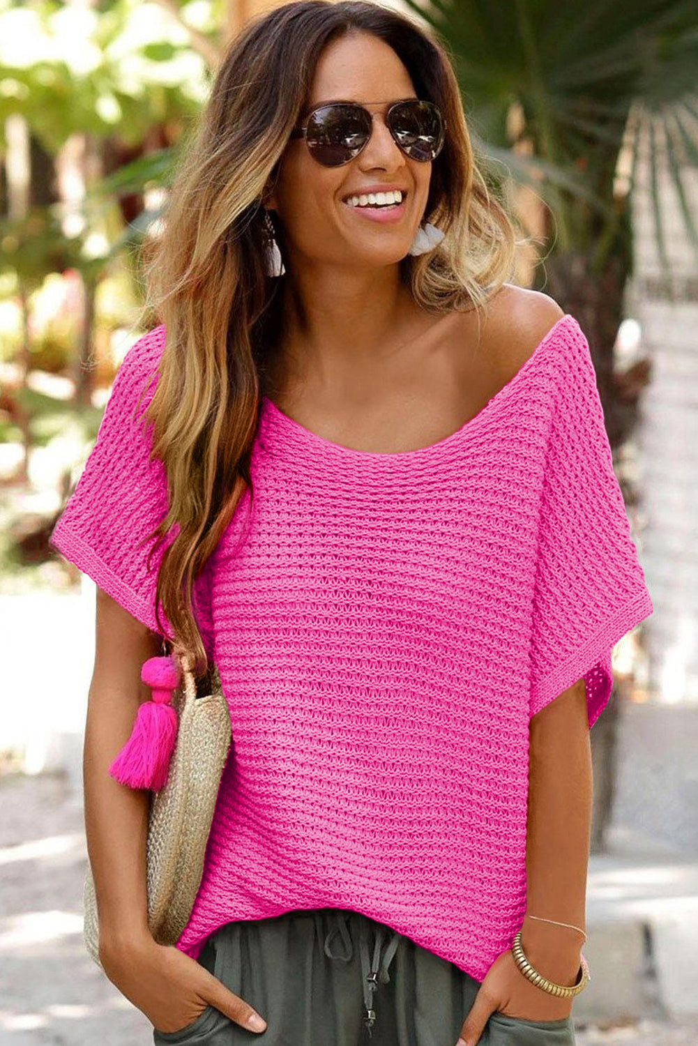 Solid Loose Knit Short Dolman Sleeve Sweater in PInk