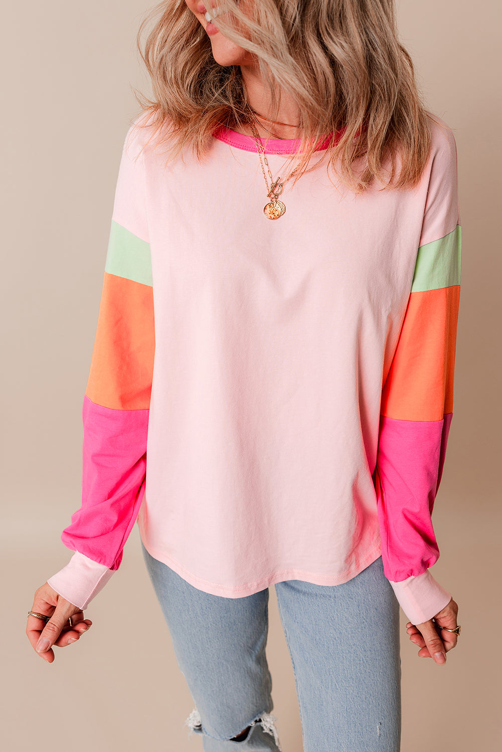 Color Block Patchwork Long Sleeve Loose Top