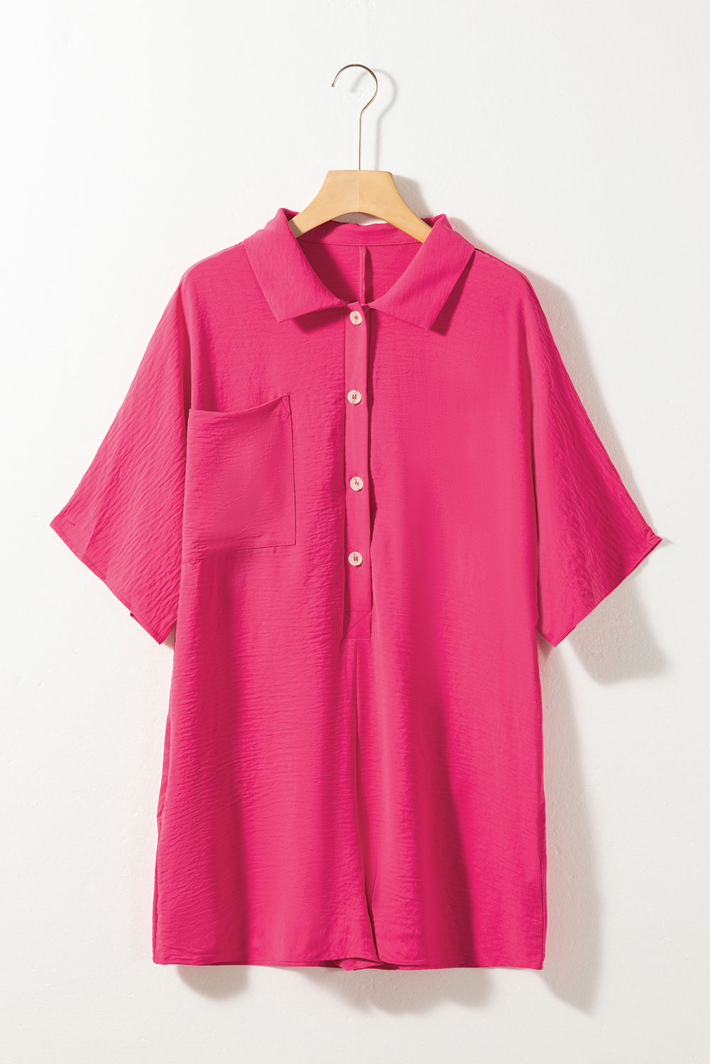 Half Button Collared Loose Romper in bright pink