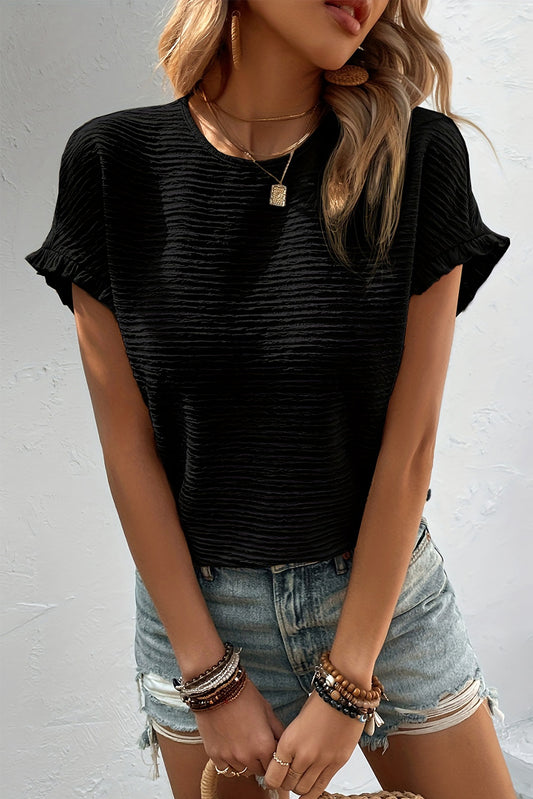 Solid Textured Ruffled Short Sleeve Blouse