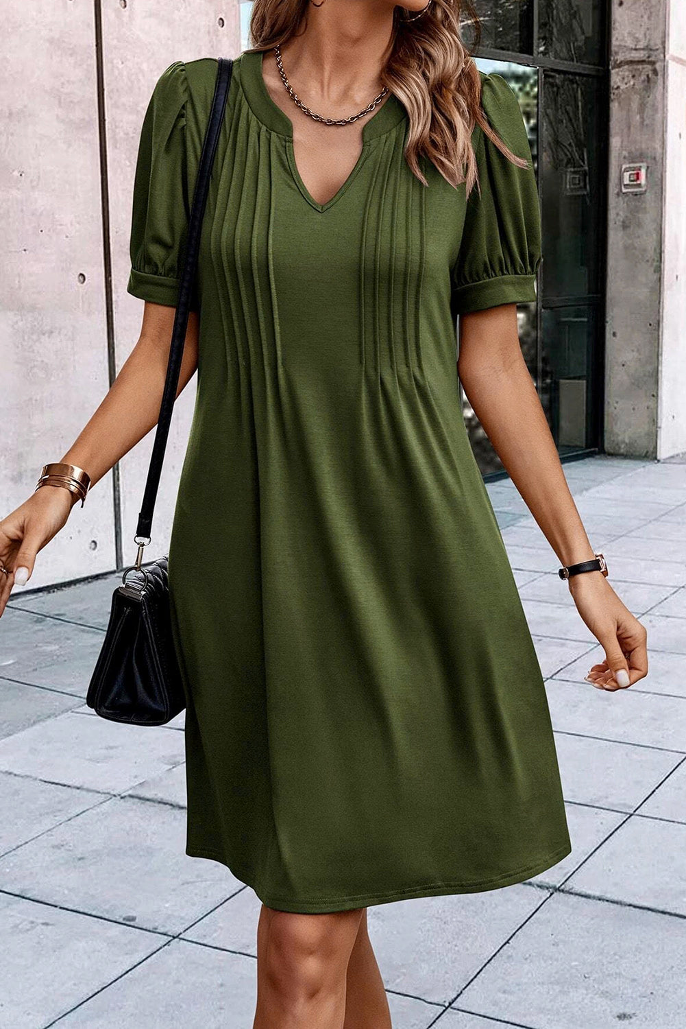 Pleated Puff Sleeve Dress with Notched Neckline in Fern Green