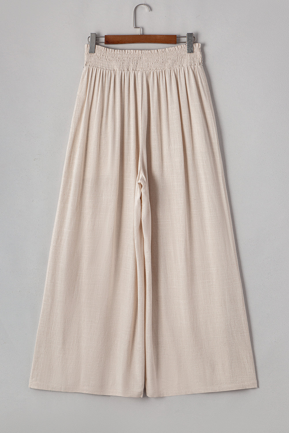 Beige Smocked High Waist Wide Leg Pants in CURVY SIZE ONLY