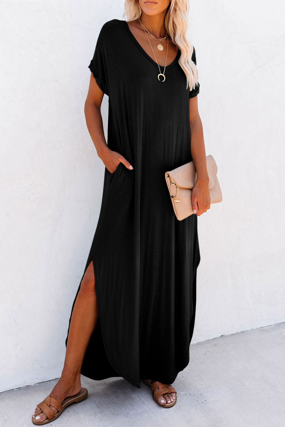 V Neck Maxi Dress with  Hidden Pockets