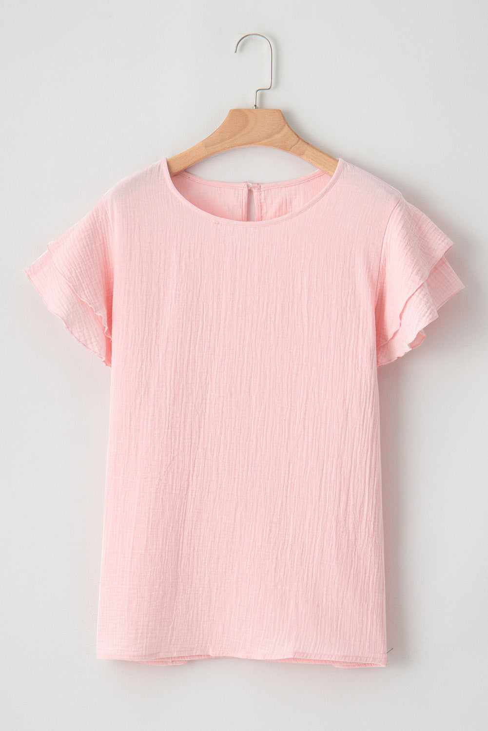 Light Pink Crinkle Textured Ruffle Sleeve Top (CURVY ONLY)