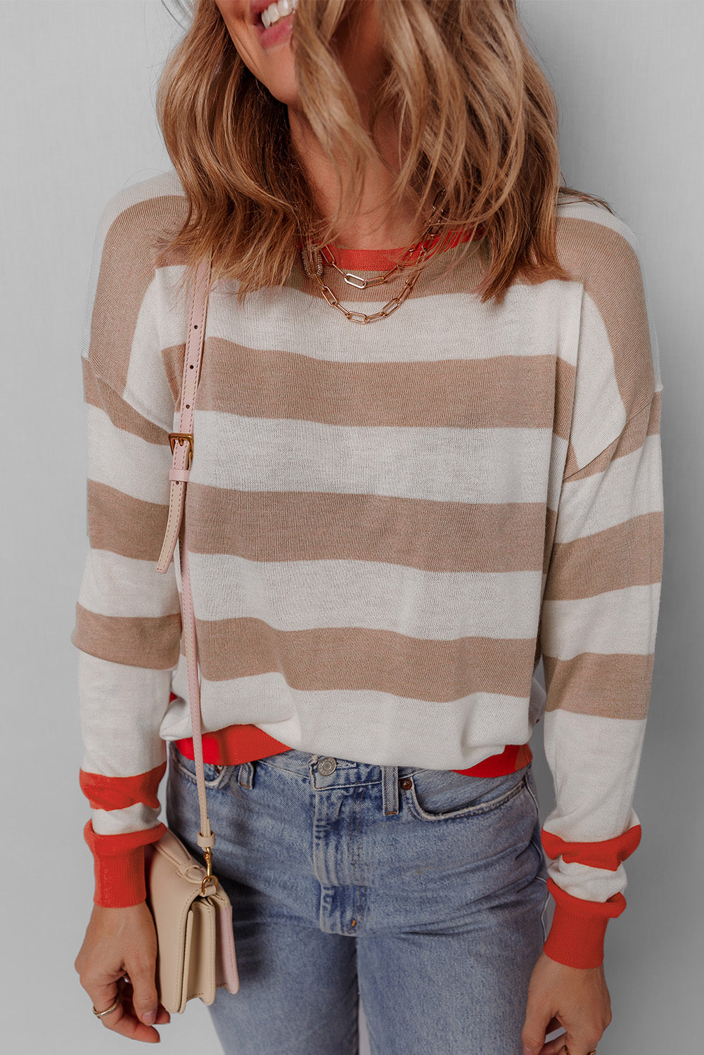 Apricot Striped Round Neck Drop Shoulder Sweater