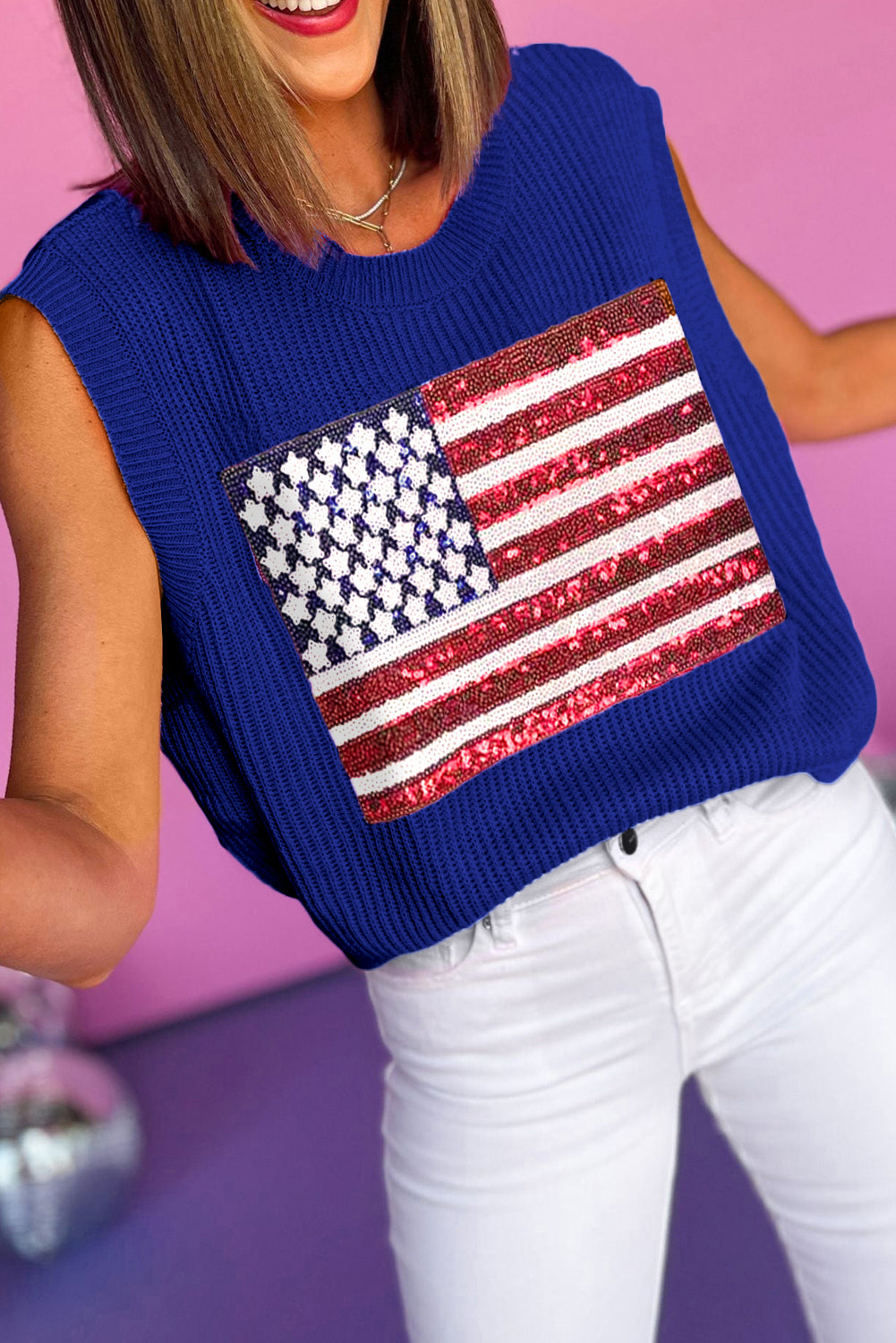 Bluing Sparkling American Flag Knitted Top