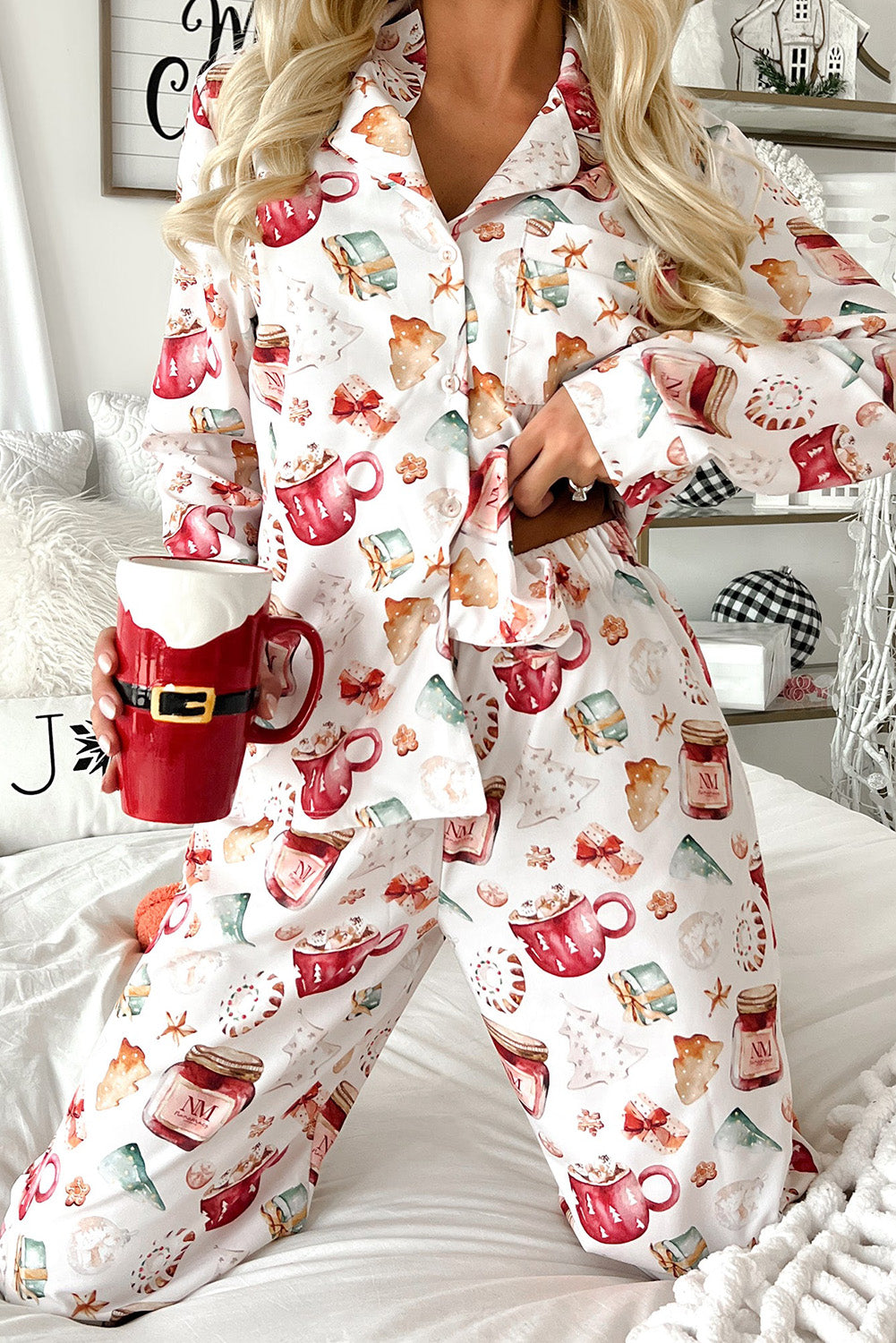 White Christmas Long Sleeve Shirt and Pants Pajama Set