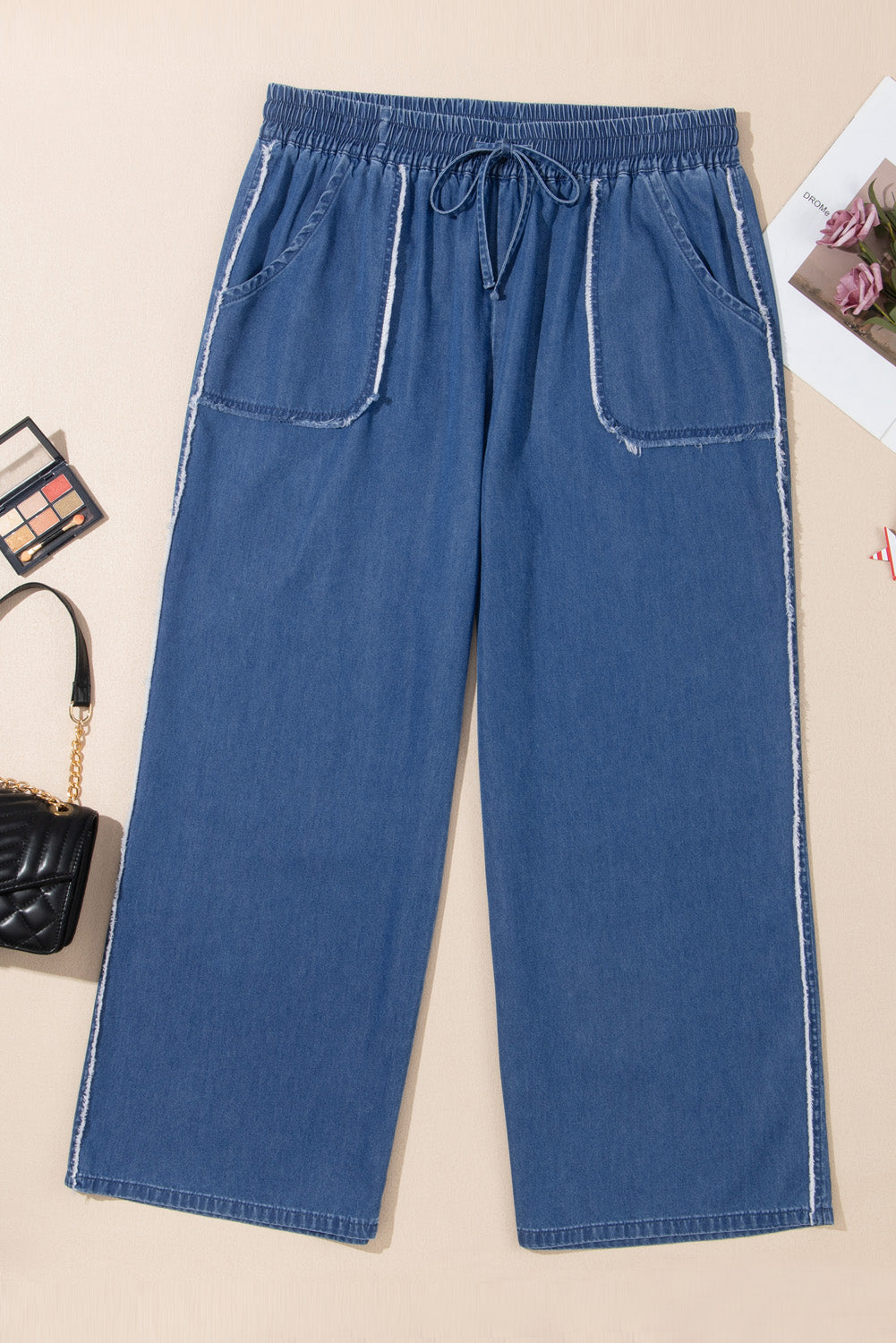 Blue Washed Denim Chambray Loose Pants in CURVY SIZE ONLY