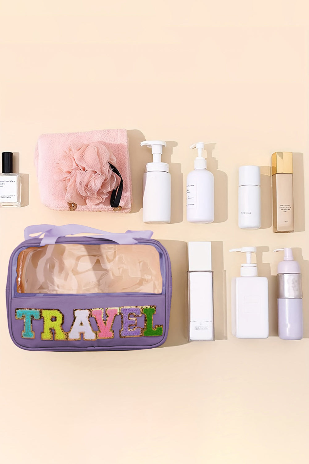 TRAVEL Chenille Letter Clear PVC Makeup Bag