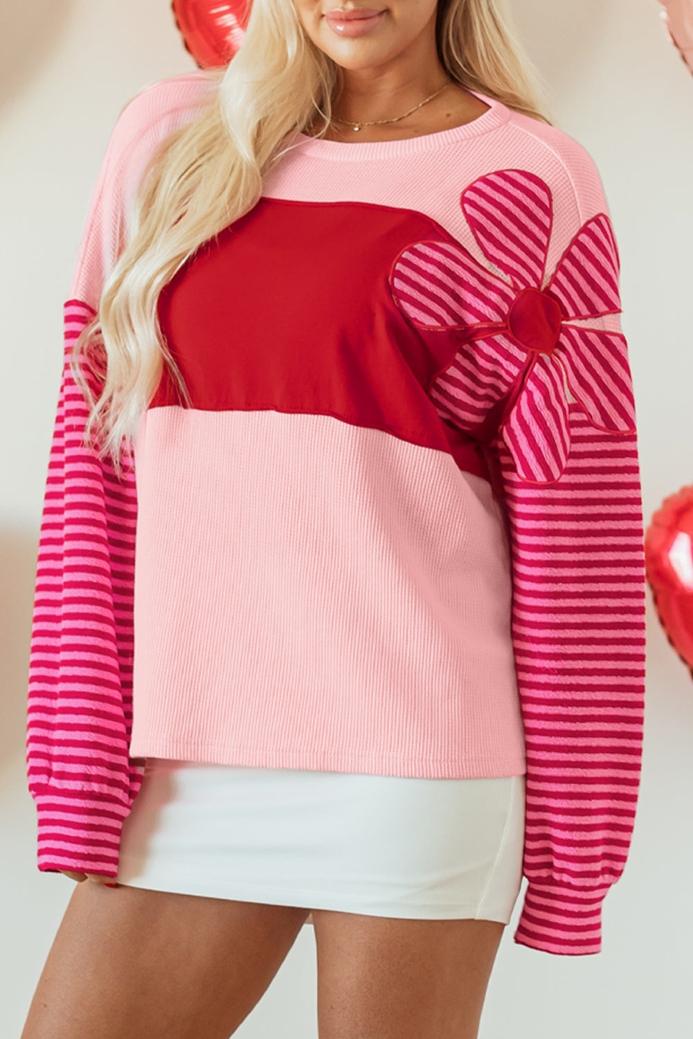 Pink Floral Patch Color Block Striped Sleeve Textured Top