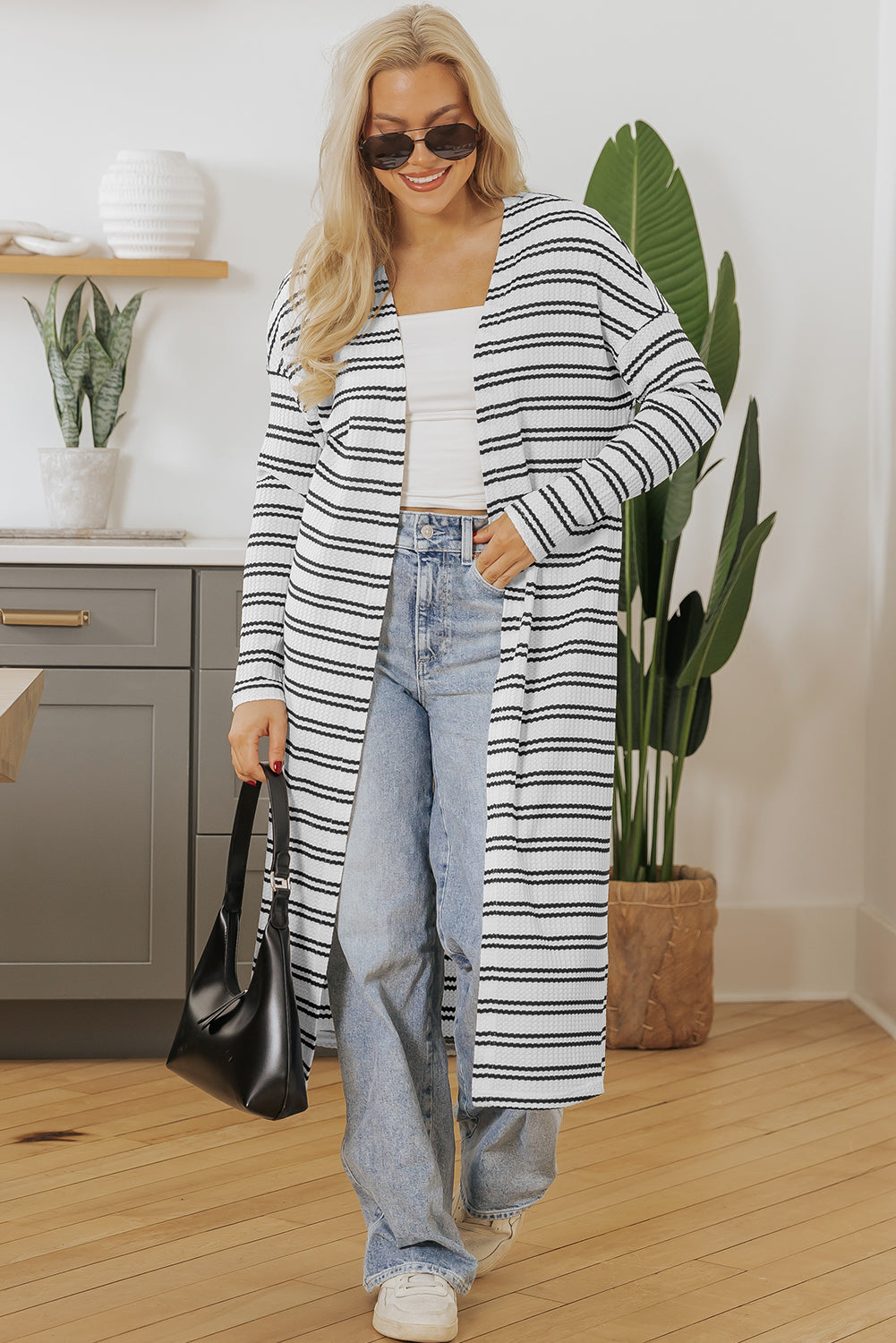 Black Stripe Print Open Front Duster Cardigan