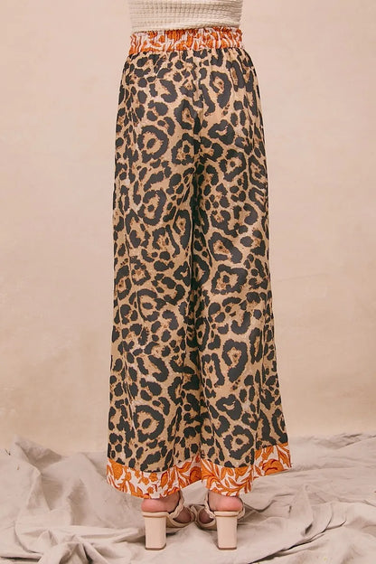 Leopard Print With Contrast Banded Wide Pants