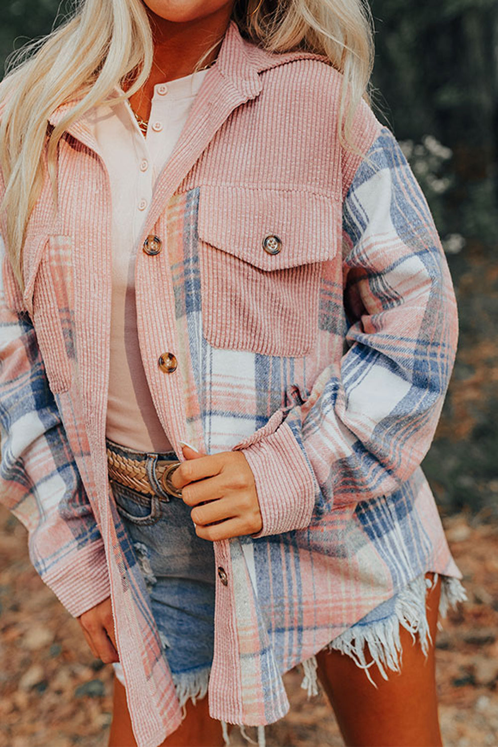 pink Plaid Corduroy Patchwork Chest Pocket Shacket