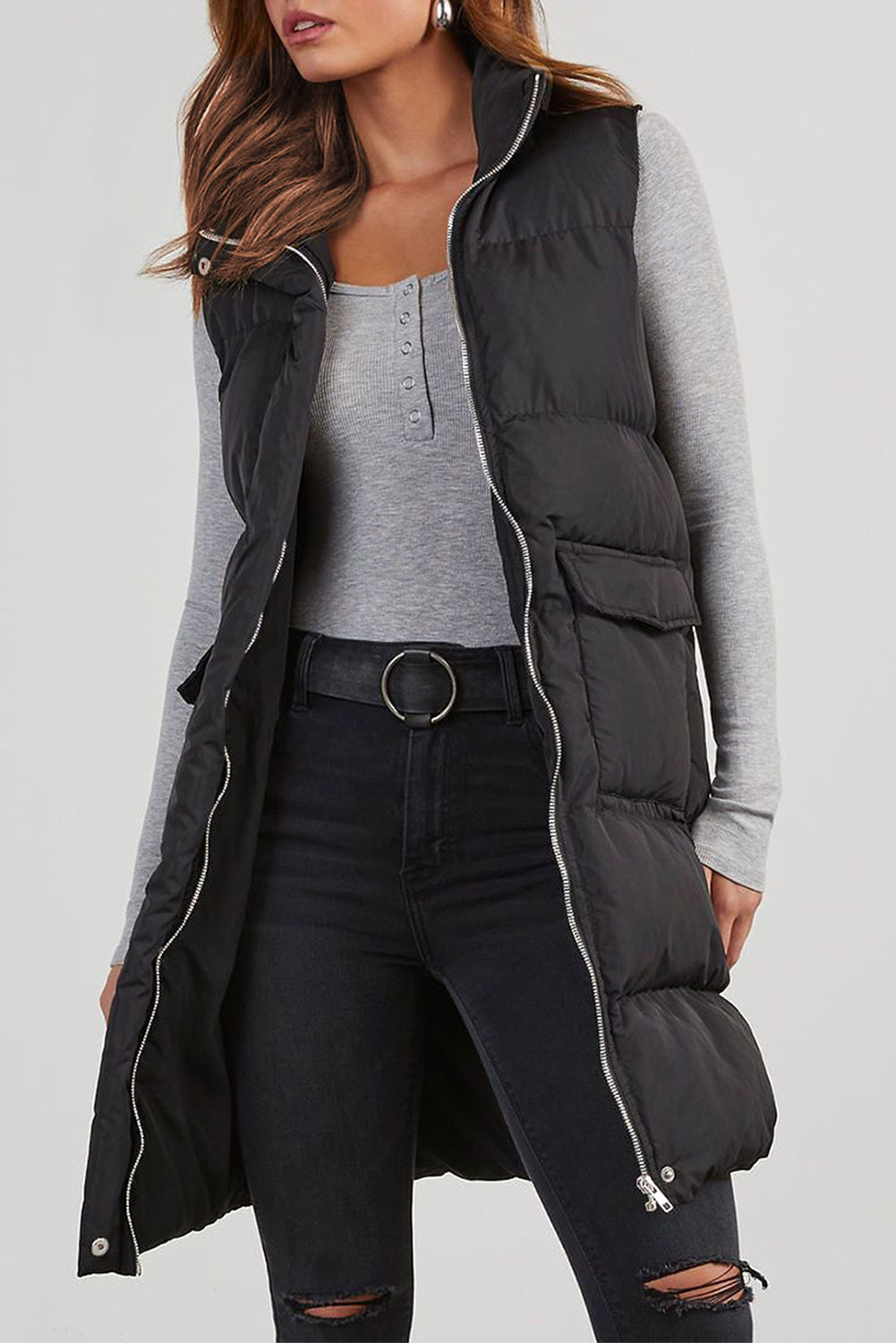 Windproof Longline Full Zipper Puffer Vest with Pockets