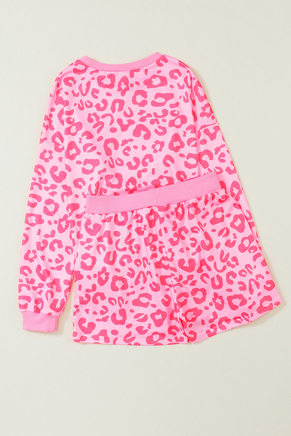 Leopard Long Sleeve Satin Tie Shorts - Two Piece Set in Pink