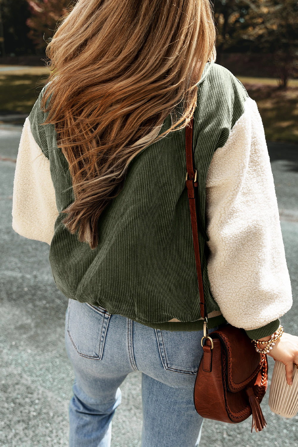 Corduroy Fleece Patchwork Buttoned Bomber Jacket