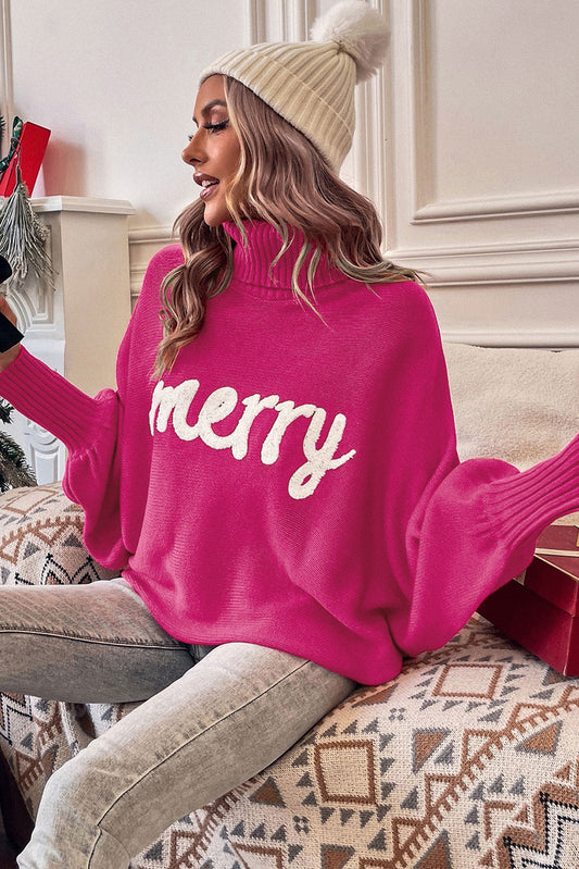 Letter Embroidered High Neck Sweater in "Merry" or "Love"