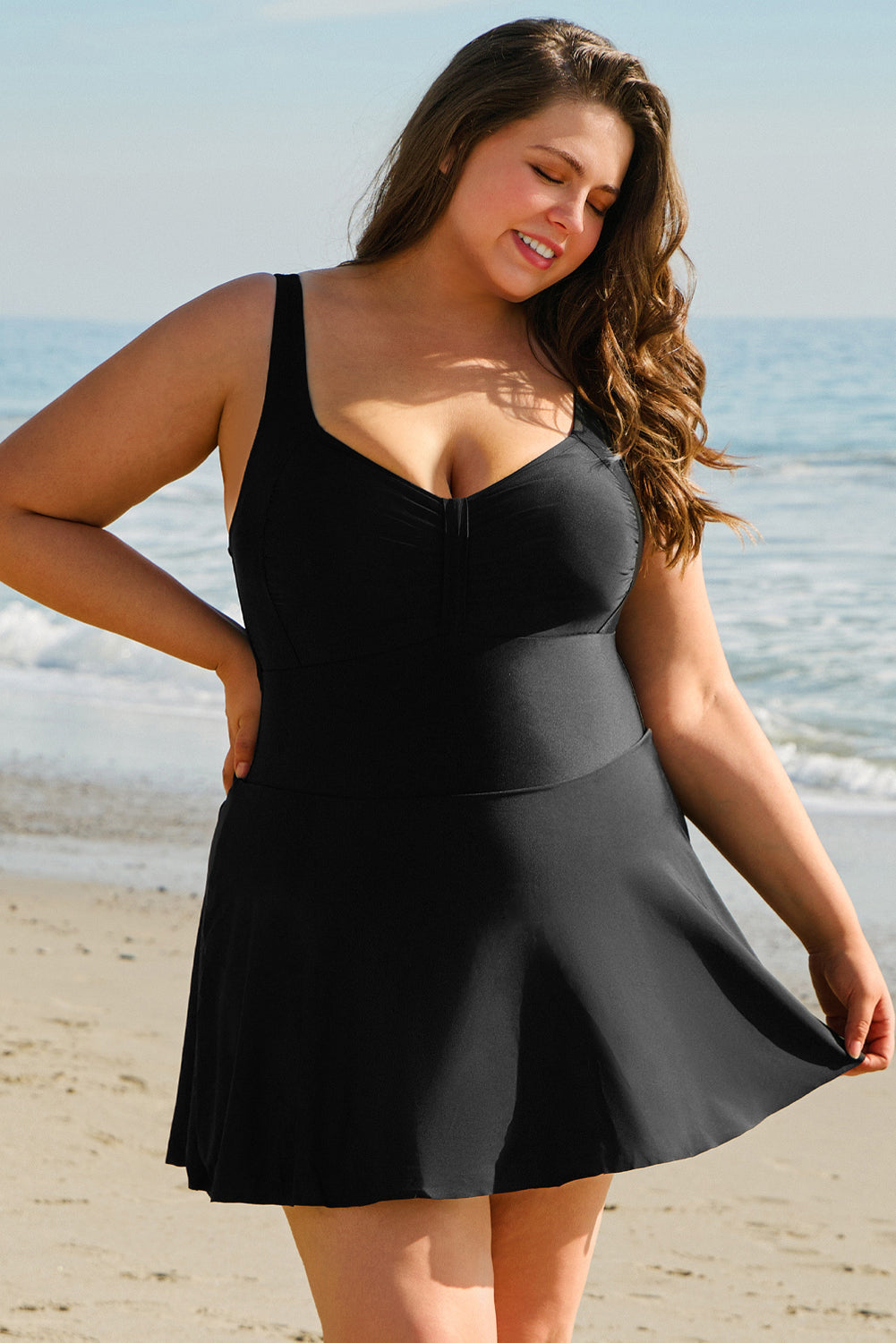 Black Pleated Ruffled One Piece Swim Dress in CURZY SIZE ONLY