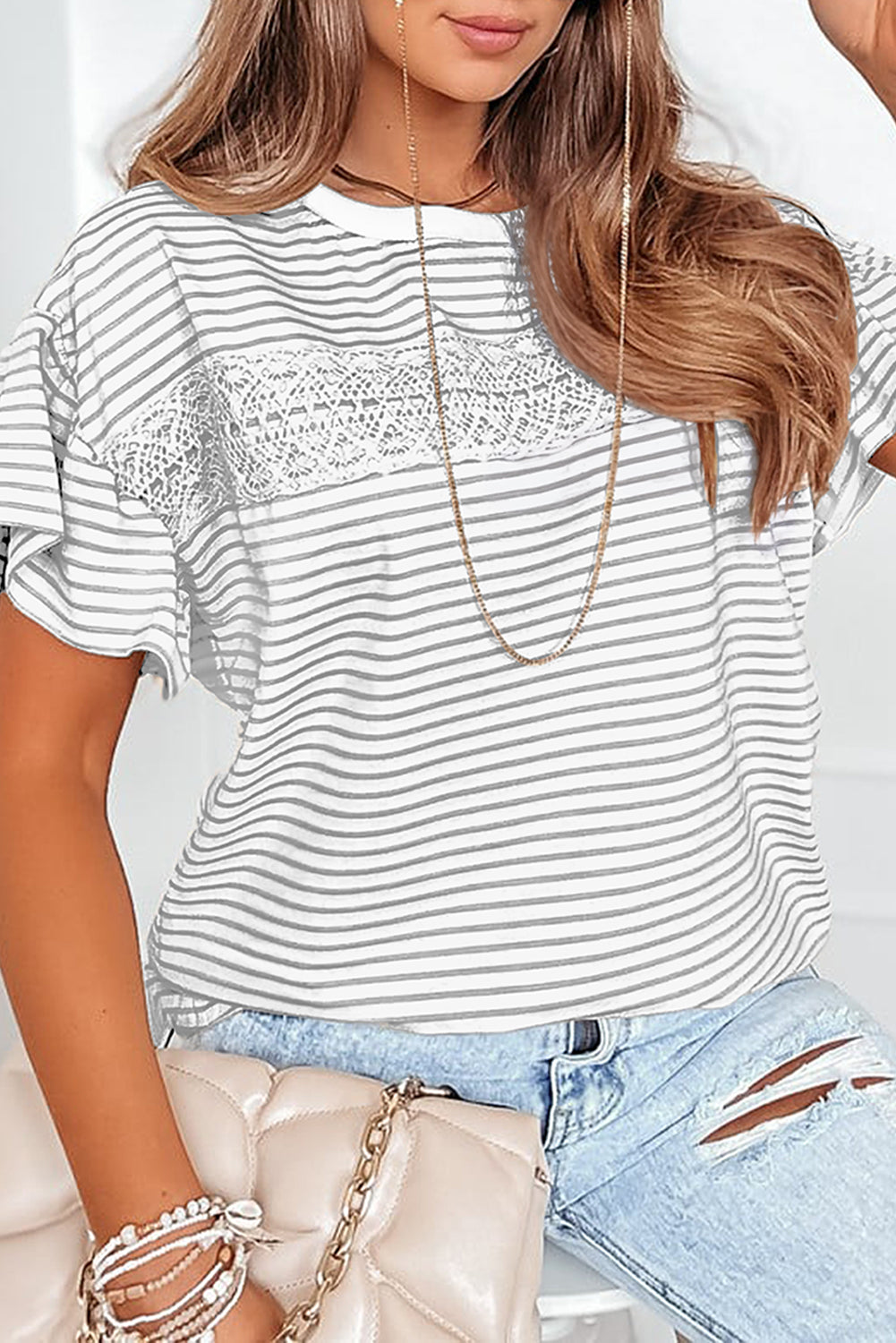Striped Tee with Lace Splicing & Ruffle Sleeve in light grey