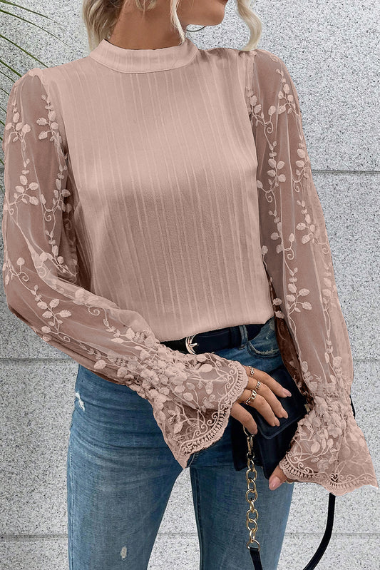 Textured Blouse with Contract Lace Sleeve in Apricot Pink