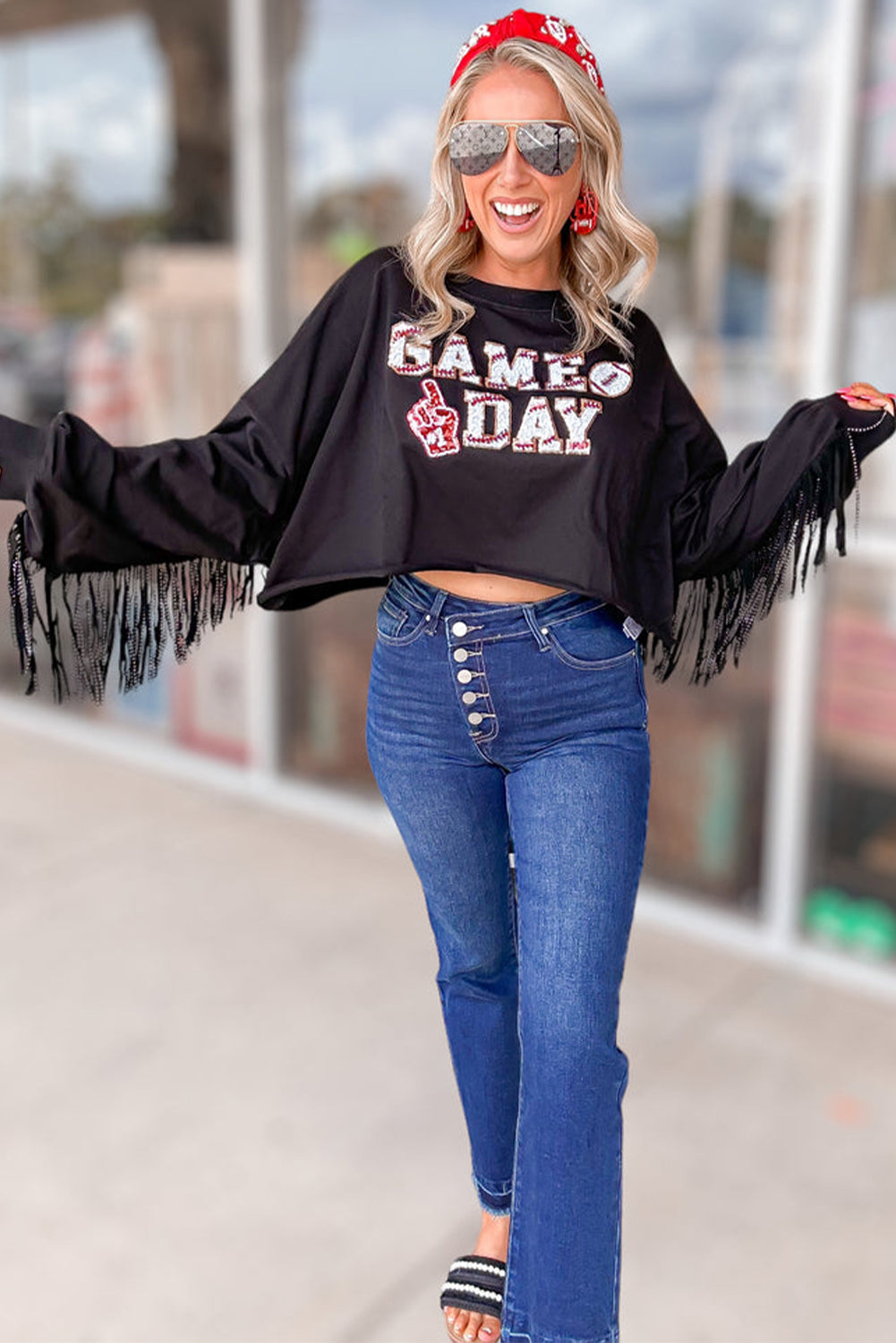 Black GAME DAY Sequined Tasseled Cropped Sweatshirt