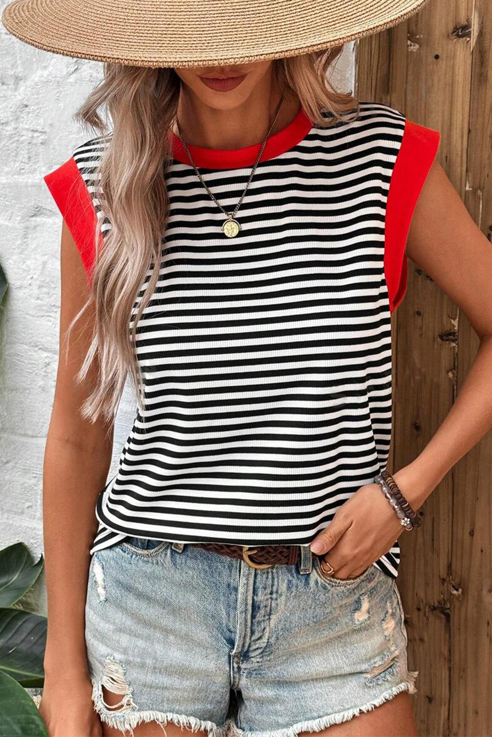 Black Stripe Colorblock Edge Round Neck Top