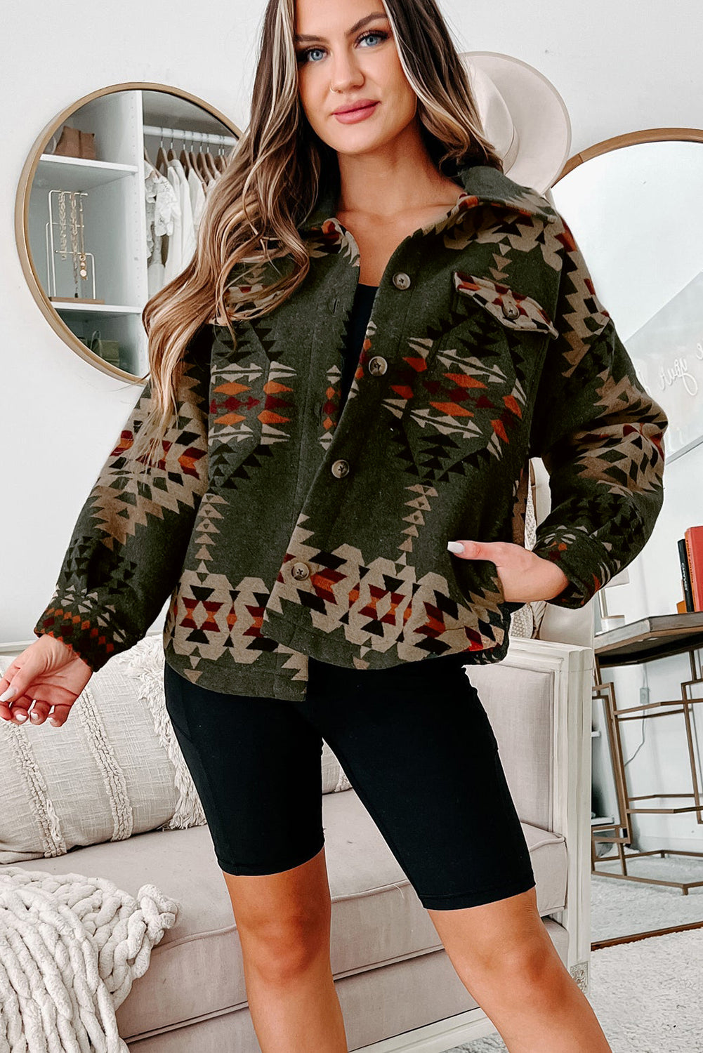 Green Aztec Print Flap Pockets Long Sleeve Shacket