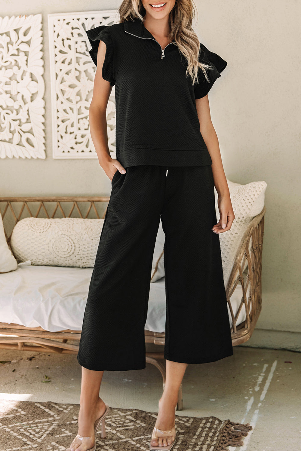 Textured Flutter Sleeve Top Wide Leg Pants Set in black